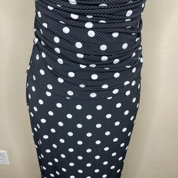 Dress Barn Vintage Black White Polka Dot Ruched Waist Cap Sleeve Midi Dress Sz 4 - Picture 3 of 13